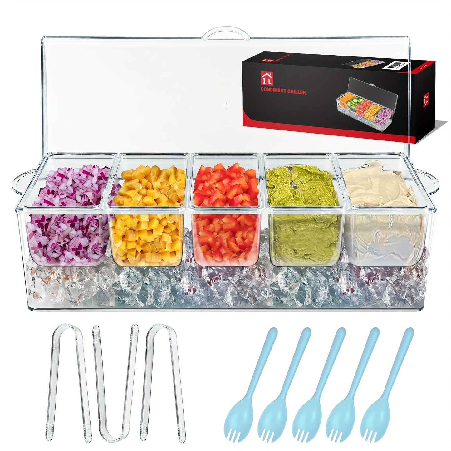 Bar Serving Tray on Ice with 5 Compartments & Lid, Garnish Condiment Platter with 5 Forks & 3 Pliers