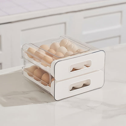 Egg Storage Container 32 Grid Double Layer with Drawer | Fridge Egg Holder Organizer | Sturdy PET+PP Stackable Egg Tray for Refrigerator