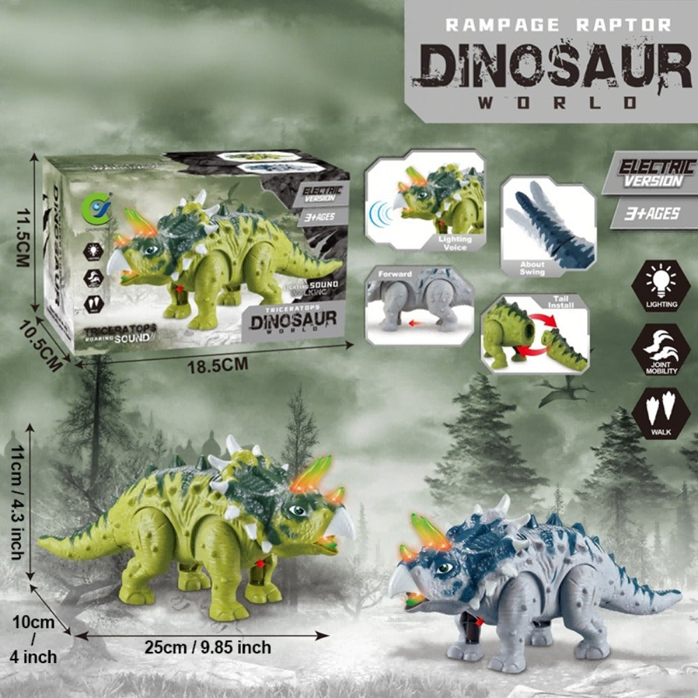 Walking Triceratops Dinosaur Toy with Roaring Sound, LED Lights and Green, Gray or Two-Piece Options