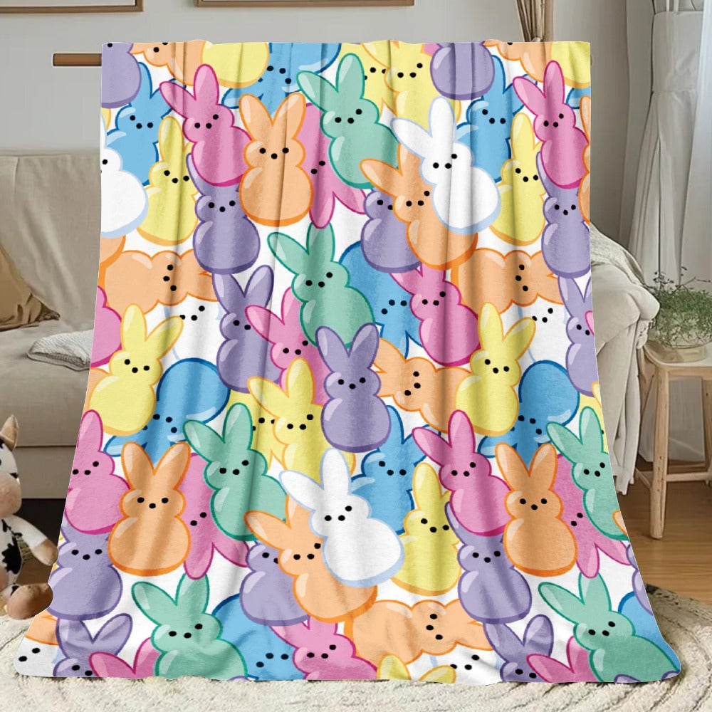 Pastel Rabbit Print Throw Blanket with Repeating Multicolor Bunny Design in Four Rectangular Size Options