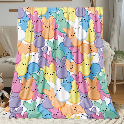 Pastel Rabbit Print Throw Blanket with Repeating Multicolor Bunny Design in Four Rectangular Size Options