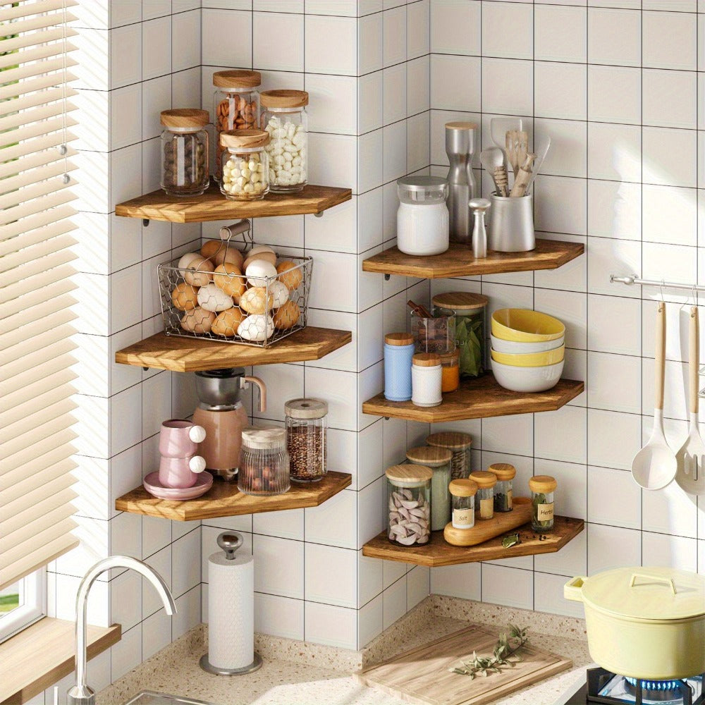 Corner Wall Shelf Set with 13.9-Inch Front Edge, Brown, Black or White Finish and 2, 4 or 6 Pieces