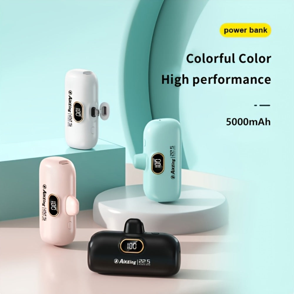 Mini Power Bank 5000mAh with Built-in USB-C Connector Fast Charging, Ultra-Compact Pocket Portable Charger for iPhone Android Samsung