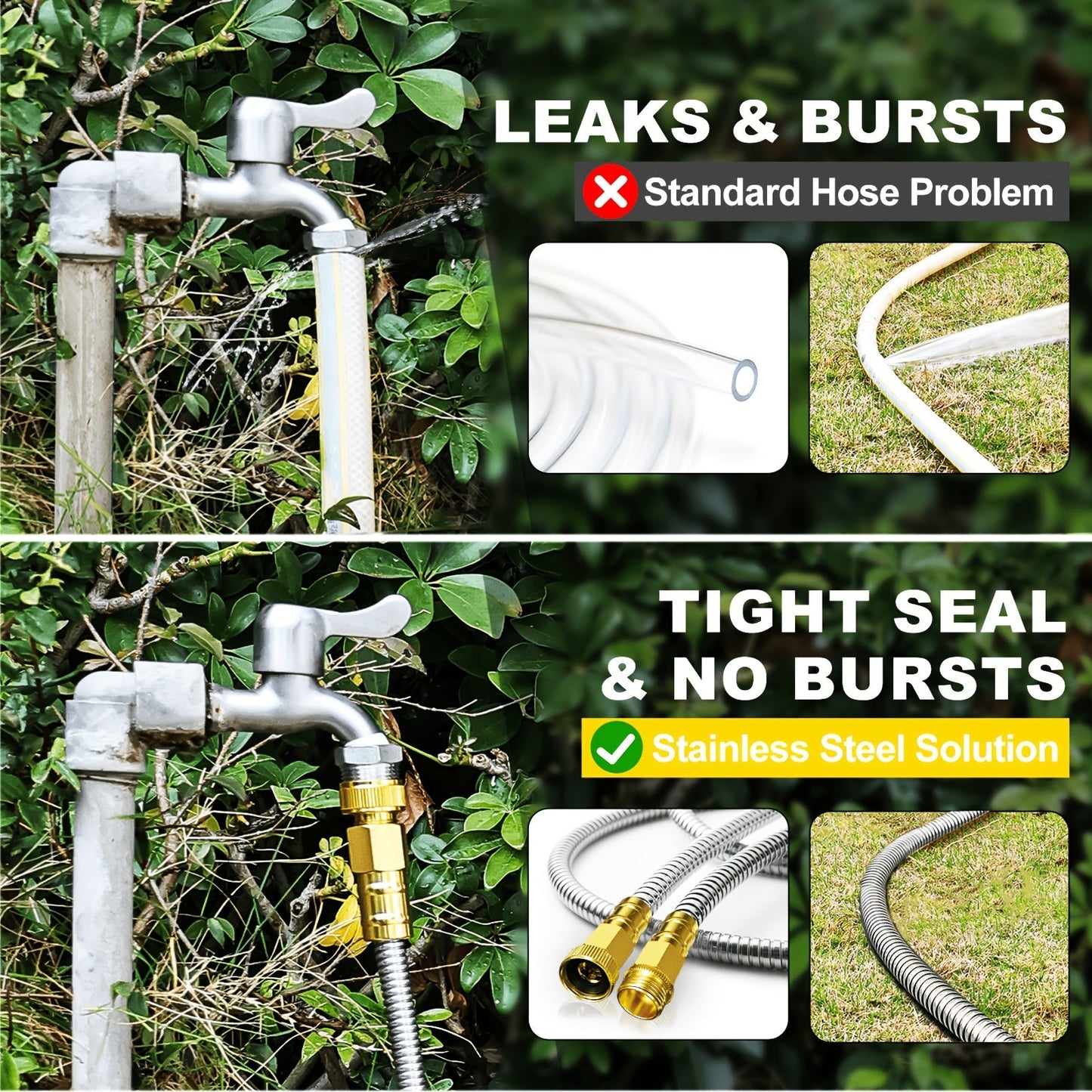 Stainless Steel Metal Garden Hose, Kink-Free, 10-Function Nozzle, Brass Fittings, 10FT to 150FT