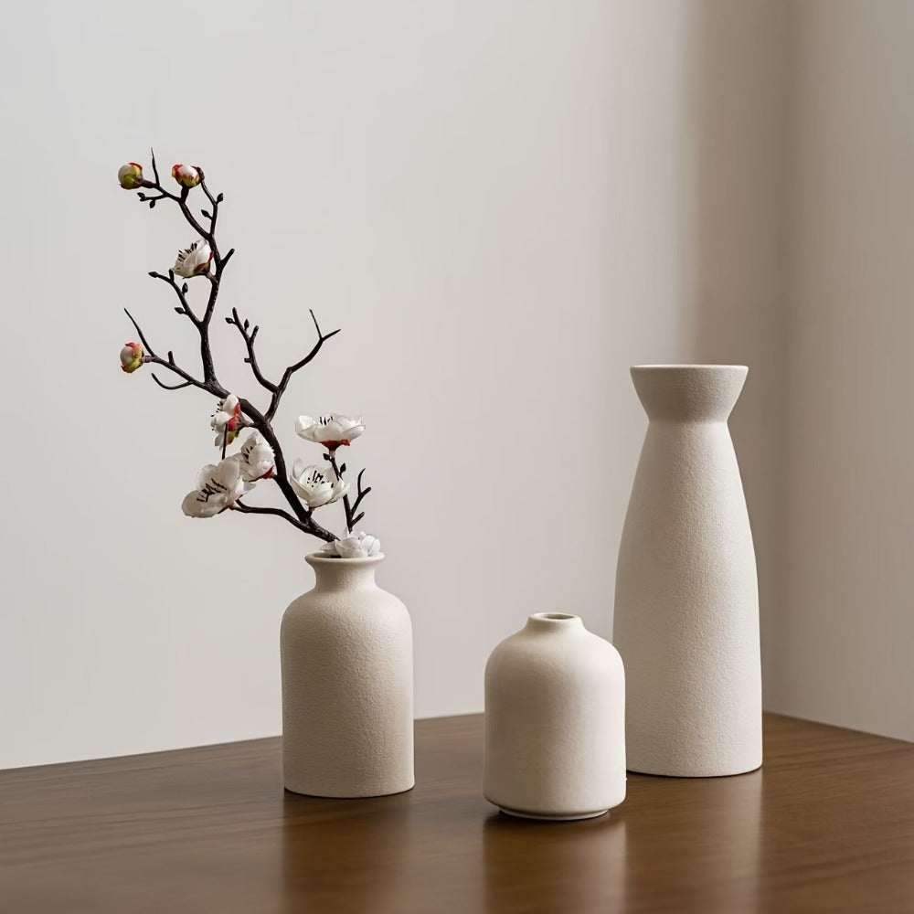 Boho Ceramic Vase Set 3pcs - Matte Nordic Minimalist Geometric Floral Design for Home Decor, Living Room