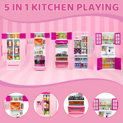 Pink Kitchen Toy Set 64pcs with Lights & Sounds, Mini Furniture Doll Playset for Girls, Pretend Play Kitchen Accessories