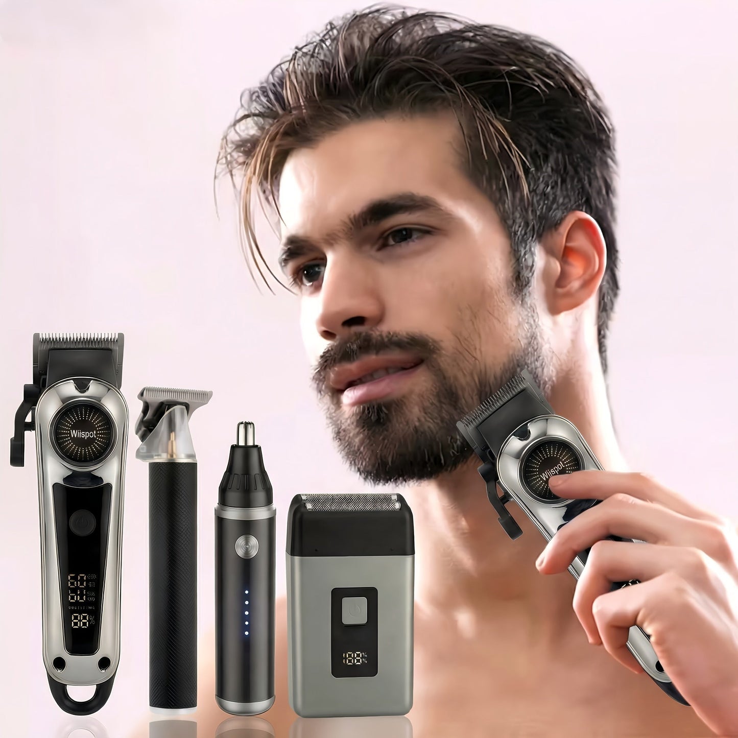Hair Clipper Whistpot Two- or Four-Piece Cordless Grooming Set with USB Charging and Battery Displays