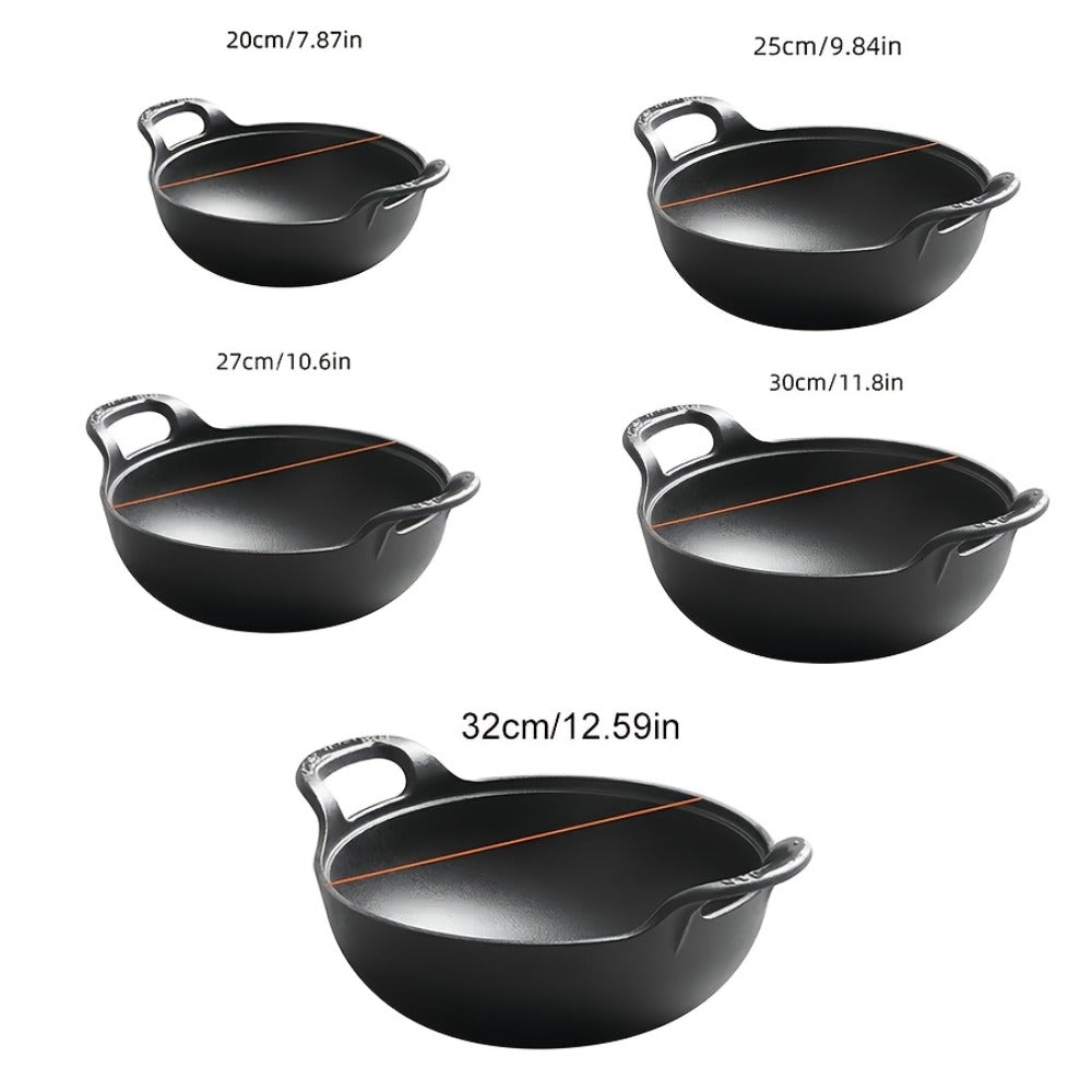 Cast Iron Wok Skillet Non-Stick Deep Stir Fry Pan with Dual Handles – Uncoated Traditional for Home Cooking, Dining and Outdoor Meals