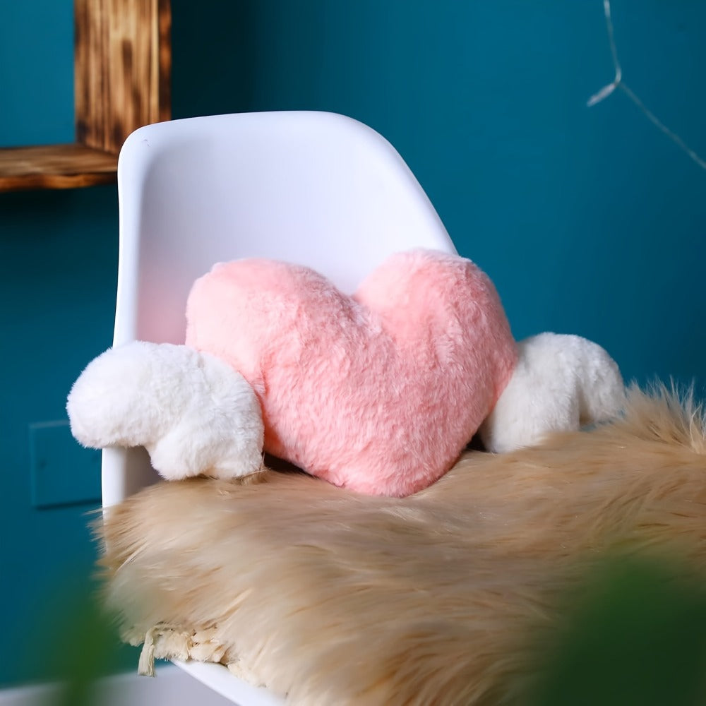 Car Headrest Neck Pillow Heart Shape with Angel Wings – Cute Plush Lumbar Cushion & Seat Back Pillow, Car Interior Decor Accessory