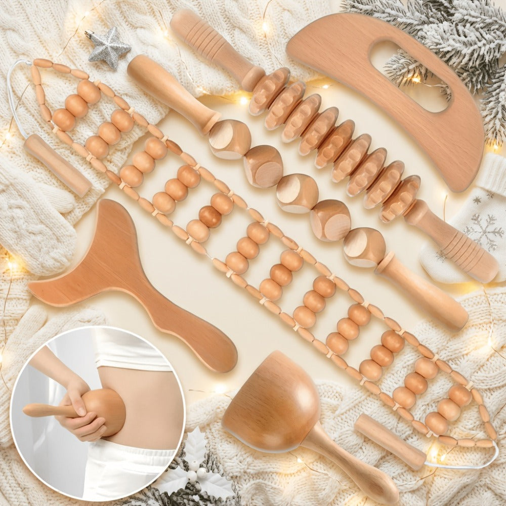 Wooden Massage Tool Set 6pcs Manual Facial Massager Kit with Wood Rollers Pointed Bead Textured Heads for Face Neck Full Body Relaxation
