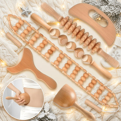 Wooden Massage Tool Set 6pcs Manual Facial Massager Kit with Wood Rollers Pointed Bead Textured Heads for Face Neck Full Body Relaxation