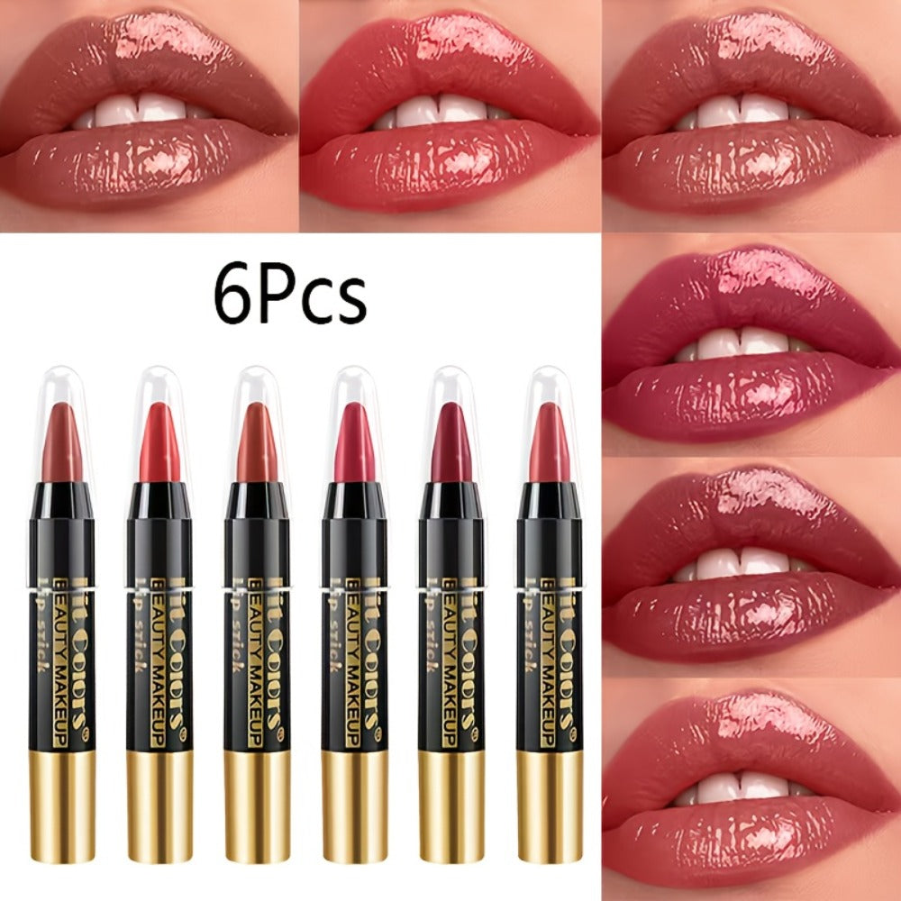 Glossy Crayon Lipstick Set 6 Pack Nourishing Lip Color, for Makeup, Travel and Everyday Vanity Use