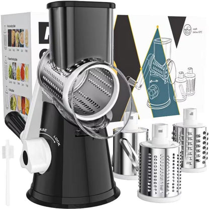 Rotary Cheese Grater, Stainless Steel Hand Crank Shredder with 3 Interchangeable Blades, Suction Base & Cleaning Brush