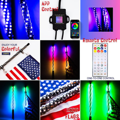 RGB LED Whip Lights for UTV ATV – 1ft/2ft/3ft/4ft Spiral Color Changing Neon Light Whips with Remote & App Control, Music Sync