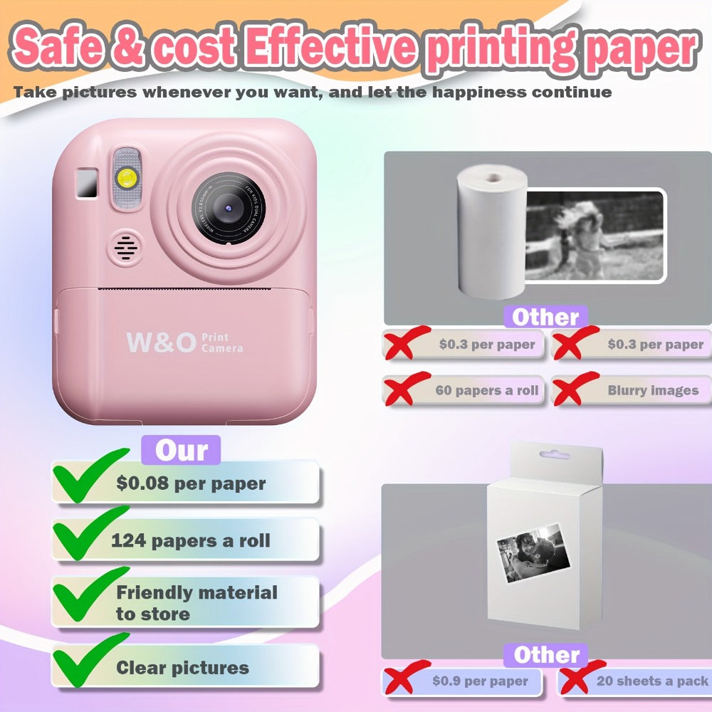 Instant Print Digital Camera for Kids Ages 3-12, 1080P, 2.4" Screen, 3 Rolls Print Paper & 32GB Card Included