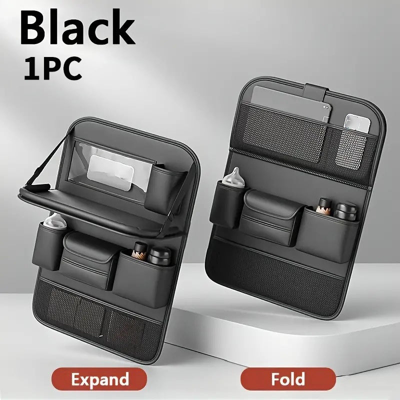 Faux Leather Car Seat Back Organizer with Foldable Tray and Tablet Stand in Black, Gray or Brown, One- or Two-Piece Packs