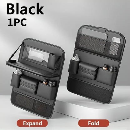 Faux Leather Car Seat Back Organizer with Foldable Tray and Tablet Stand in Black, Gray or Brown, One- or Two-Piece Packs