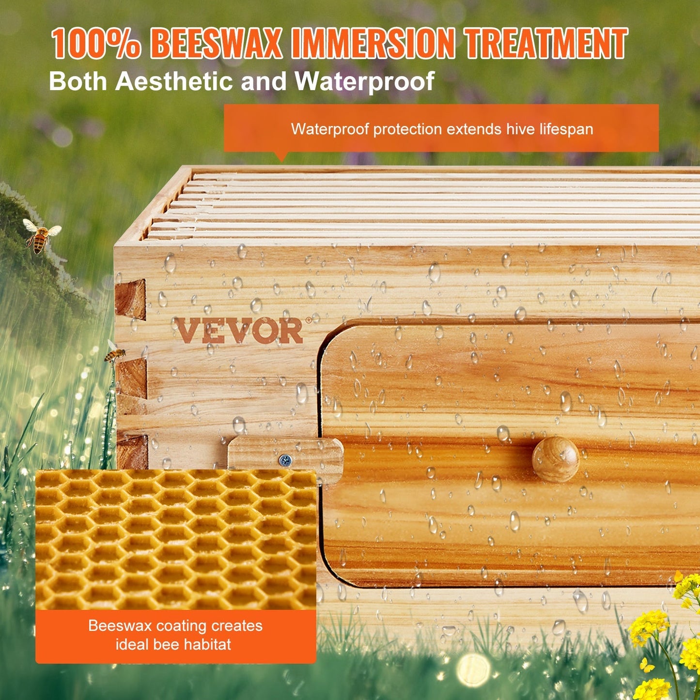 Beehive Kit 10 Frame Cedar Wood Bee Hive with Transparent Windows & Beeswax Coating, for Garden, Yard and Pest Management