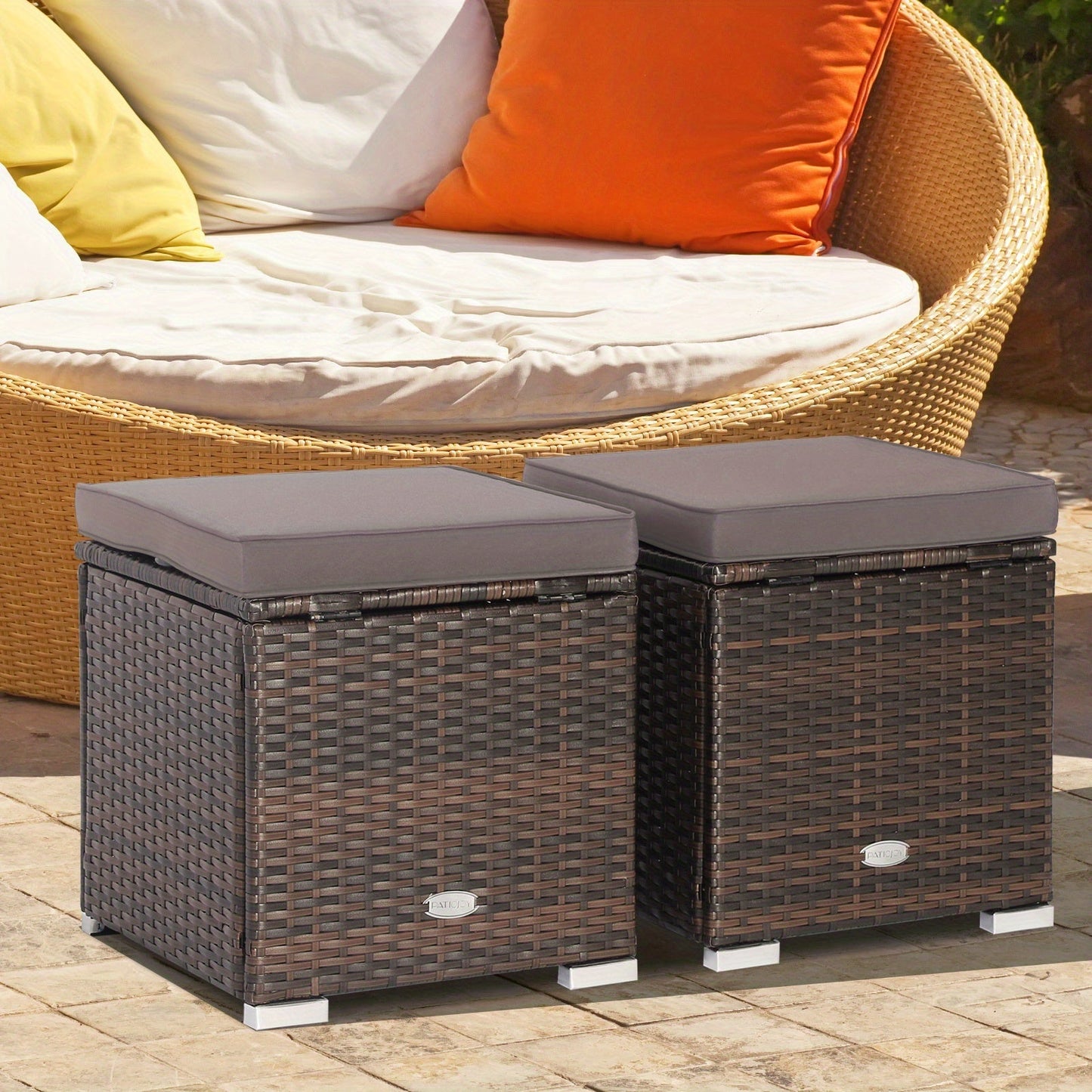 Outdoor Wicker Ottoman Set of 2 with Hidden Storage – PE Wicker Footstools with Detachable Cushions, Side Table & Extra Seating for Patio