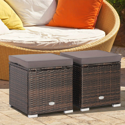 Outdoor Wicker Ottoman Set of 2 with Hidden Storage – PE Wicker Footstools with Detachable Cushions, Side Table & Extra Seating for Patio
