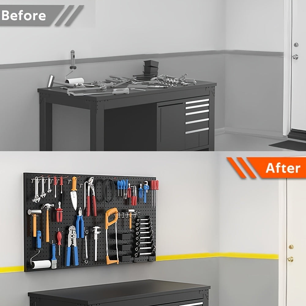 Pegboard Wall Organizer with Metal Hooks - Garage Tool Storage Board for Workshop Warehouse for Entryways, Bedrooms and Living Spaces