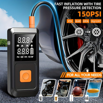 Portable Tire Inflator 150PSI 6000mAh – Digital Display Air Pump with USB Type-C Charging, Dual Safety Protection, LED Light for Car, Bike