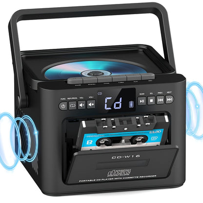 Portable Boombox CD Player with Cassette Tape, FM Radio & MP3 Player, HiFi Stereo Speaker System