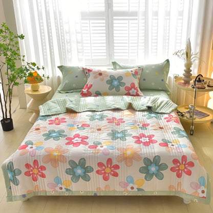 Floral Three-Piece Thin Quilt Set with Two Pillowcases, Twin to King Sizes and Three Printed Styles