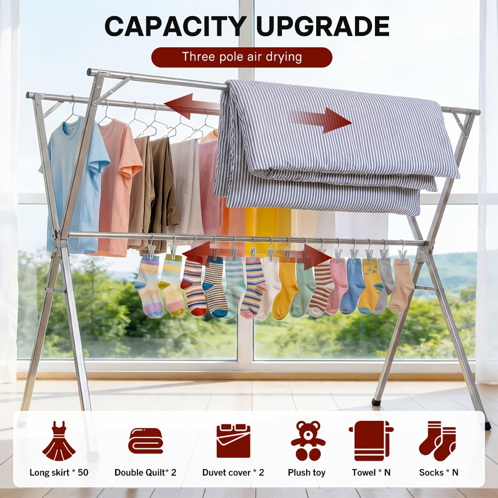 Foldable Clothes Drying Rack 3-Bar, Stainless Steel Collapsible Laundry Rack, Retractable 63" or 79" for Indoor & Outdoor Use