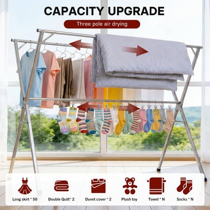 Foldable Clothes Drying Rack 3-Bar, Stainless Steel Collapsible Laundry Rack, Retractable 63" or 79" for Indoor & Outdoor Use