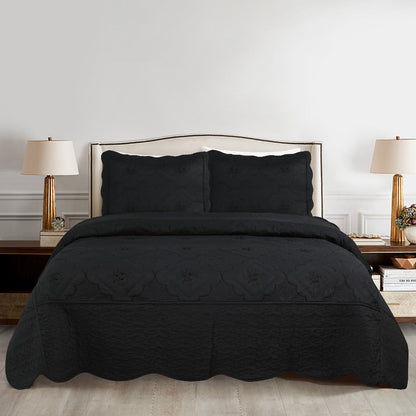 Quilt Set 3 Piece Floral Embroidery Bedspread – 100% Polyester Wrinkle Resistant Lightweight Quilted Coverlet with 2 Pillow Shams for Full
