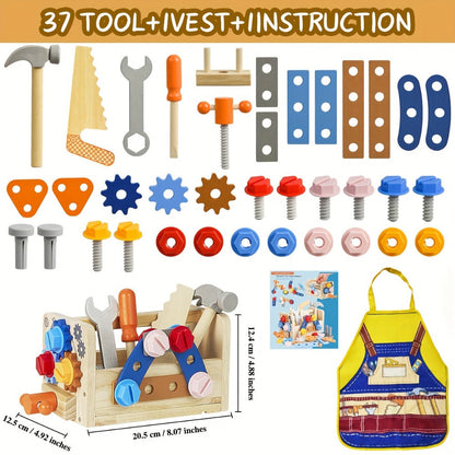 39-Piece Wooden Pretend Tool Set with Vest, Toolbox, Instruction Sheet and Six Example Builds