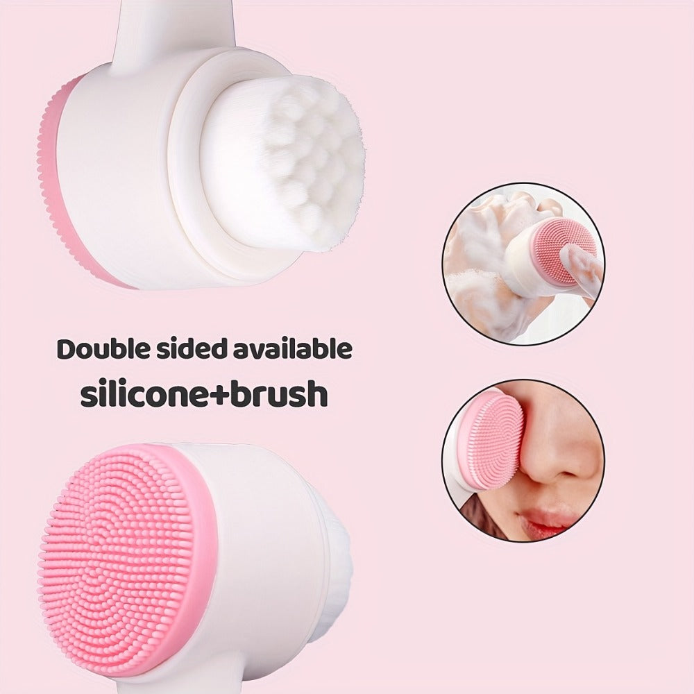 Facial Cleansing Massage Set 7Pcs Silicone Face Brush Double-Headed Roller Massager Heart Scraping Board Wristbands Hair Band Pink Storage