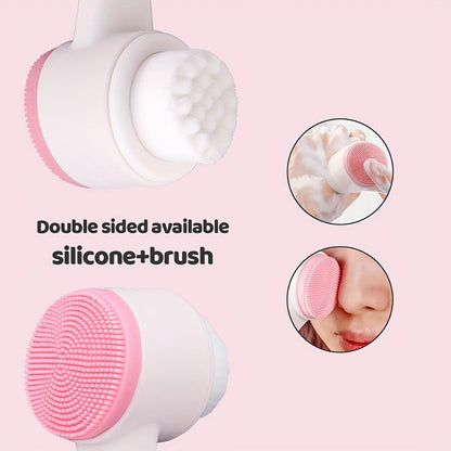 Facial Cleansing Massage Set 7Pcs Silicone Face Brush Double-Headed Roller Massager Heart Scraping Board Wristbands Hair Band Pink Storage