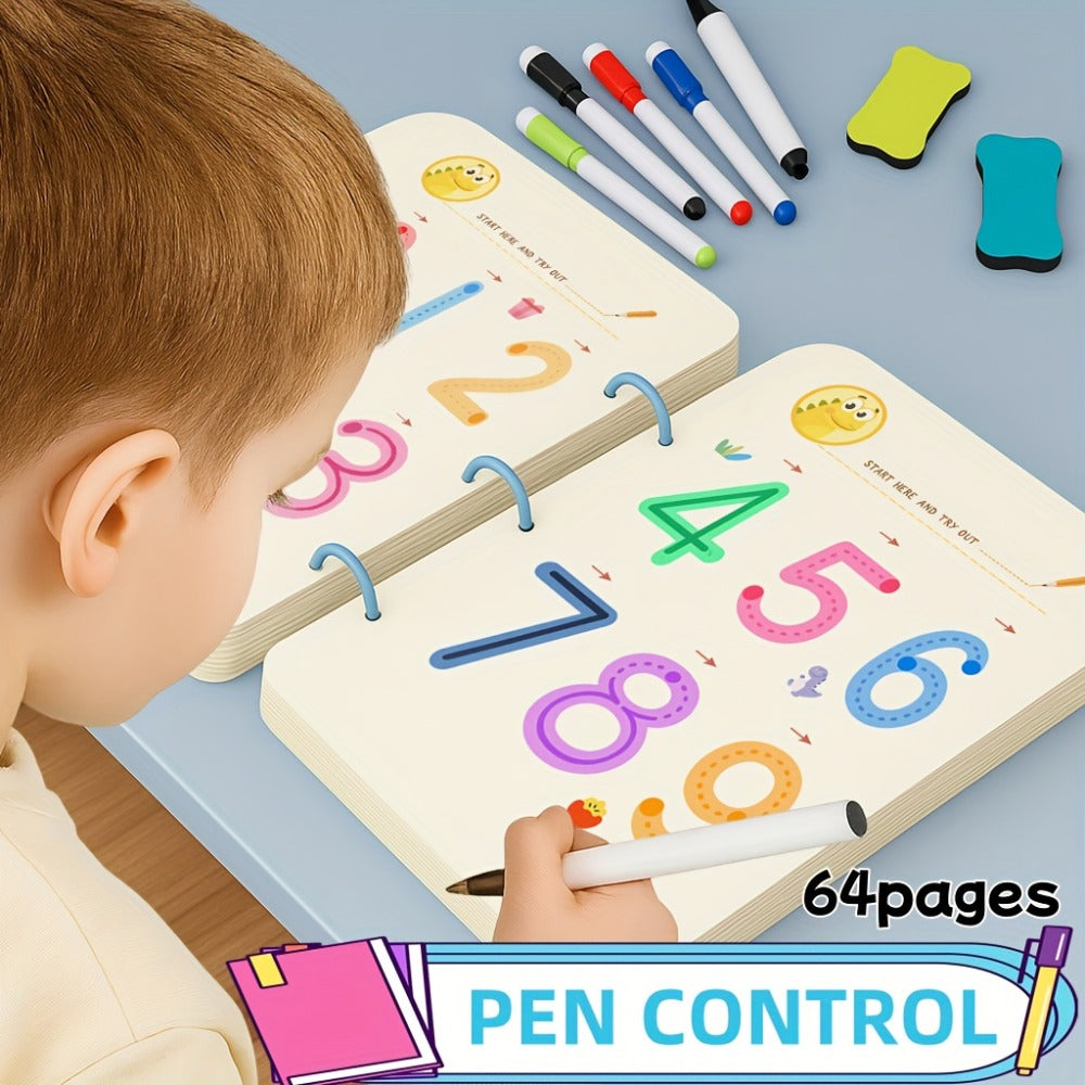 Magic Practice Handwriting & Drawing Book Set for Kids Ages 3-8, 64 Pages Reusable Wipe Clean Workbook with 8 Erasable Pens & Refills
