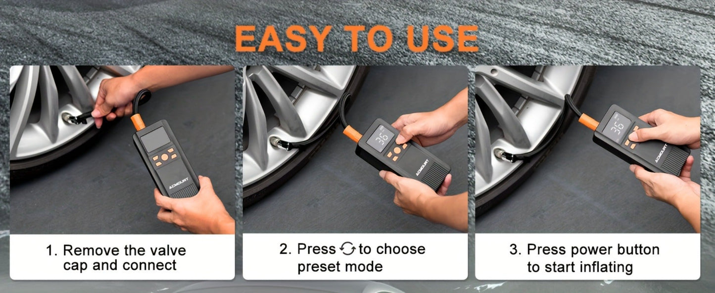 Portable Tire Inflator Cordless Air Compressor – 150PSI Fast Inflation, 5000mAh Rechargeable Battery, Digital Pressure Gauge, LED Light