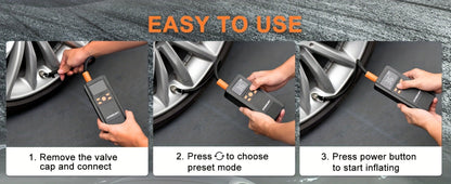 Portable Tire Inflator Cordless Air Compressor – 150PSI Fast Inflation, 5000mAh Rechargeable Battery, Digital Pressure Gauge, LED Light
