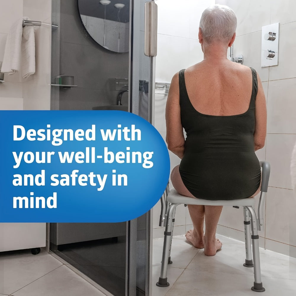 Height-Adjustable Shower Chair with Backrest, Padded Armrests, Drainage Seat and Four Rubber Feet