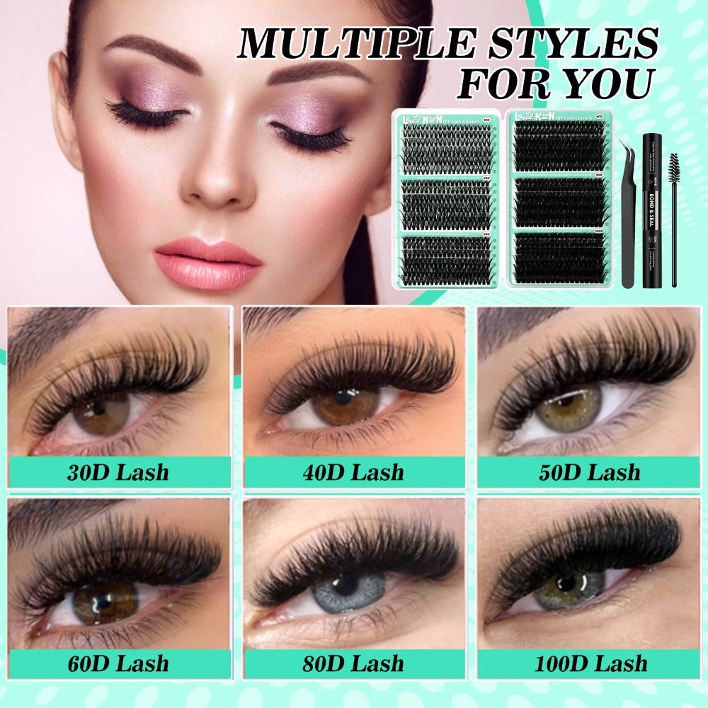 Lash Clusters Kit 708Pcs with Tweezers, Glue & Brush – Soft Silky Fiber False Eyelashes Full Voluminous DIY Lash Extension Set for Party