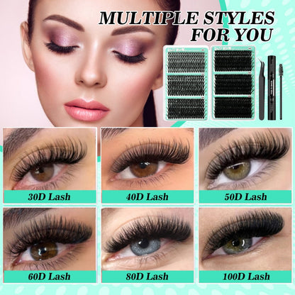 Lash Clusters Kit 708Pcs with Tweezers, Glue & Brush – Soft Silky Fiber False Eyelashes Full Voluminous DIY Lash Extension Set for Party