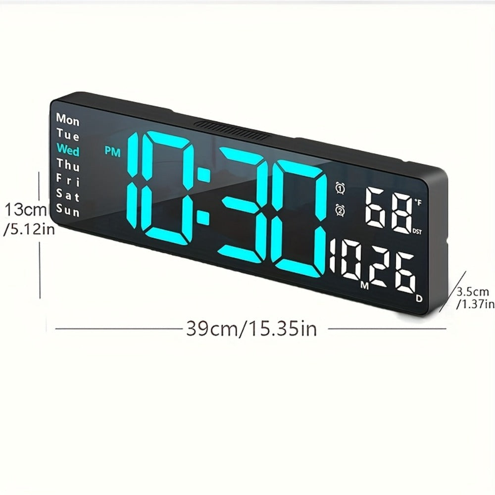 Large Digital Wall Clock 16 Inch LED Color Display, Smart Auto-Dimming 10-Level Brightness, Time Temperature Humidity Monitor
