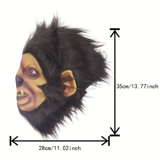Hairy Brown Beast Costume Mask with Full-Head Creature Face, Pointed Ears and Faux-Fur Surround
