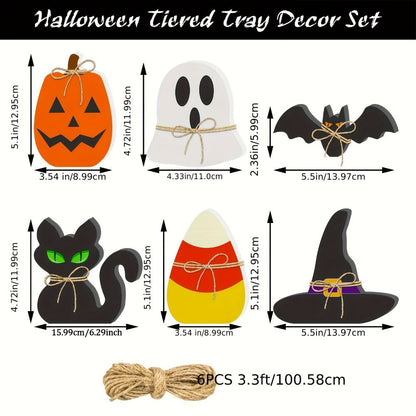 Six-Piece Halloween Freestanding Table Sign Set with Pumpkin, Ghost, Bat, Black Cat, Witch Hat and Candy Corn
