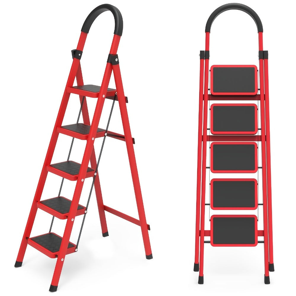 Folding Metal Step Ladder with Handrail, Ribbed Treads and Two-, Three-, Four- or Five-Step Options