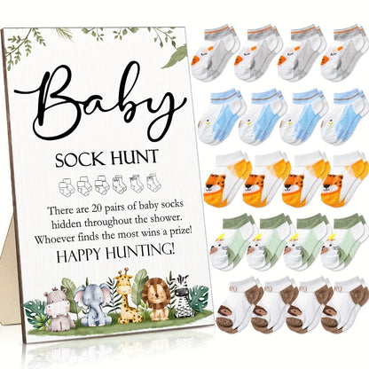 Baby Shower Sock Hunt Party Supplies Game with 20 Pairs of Socks, Wooden Sign and Five Themes