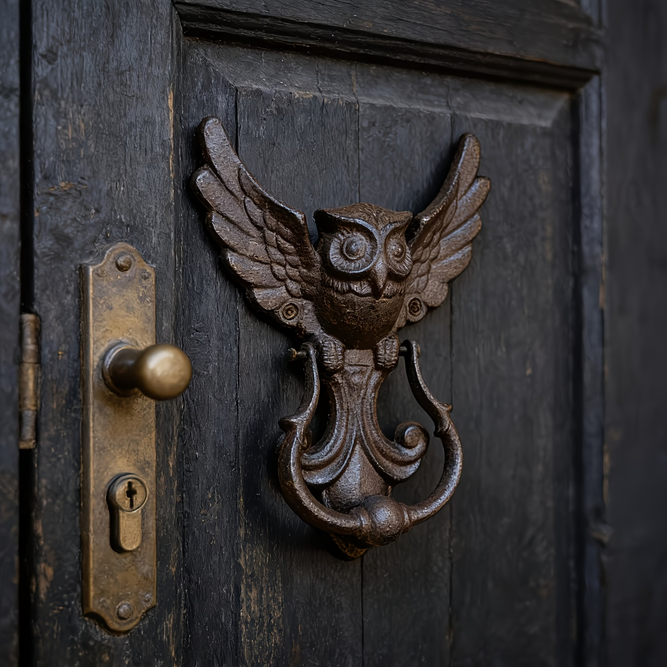 Owl Door Knocker Heavy Duty Cast Iron Winged Old Country Style Feather Detail Rustic Home Entryway Decoration Craft Gift