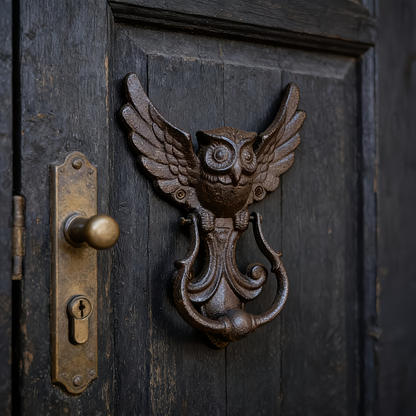 Owl Door Knocker Heavy Duty Cast Iron Winged Old Country Style Feather Detail Rustic Home Entryway Decoration Craft Gift