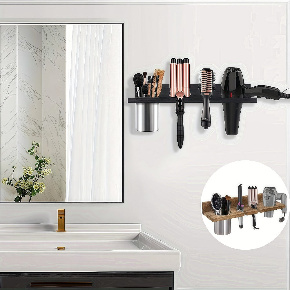 Wall Mounted Hair Tool Organizer – Wooden Hair Dryer Holder & Storage Rack for Curling Iron, Straightener & Brushes