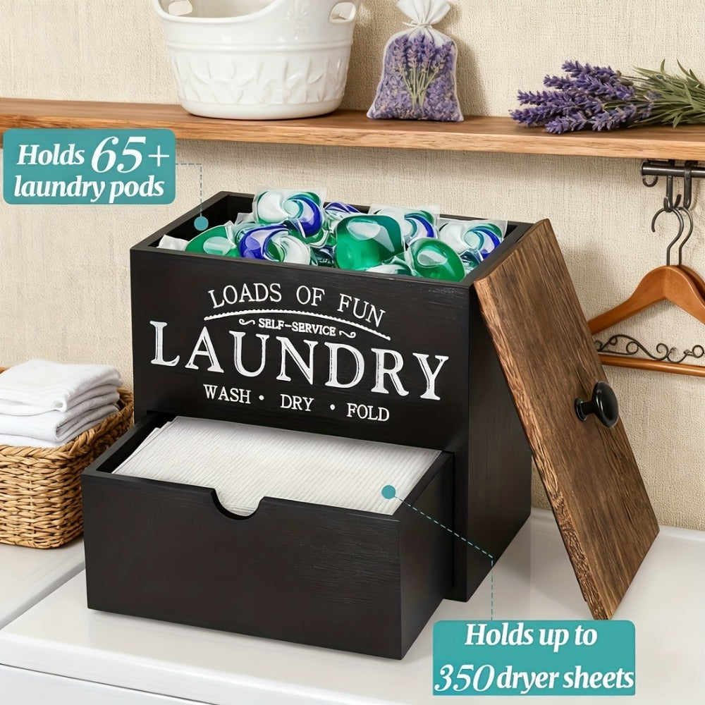 Dryer Sheet Holder with Drawer & Lid, Farmhouse Wood Laundry Pod Dispenser, Wall Mount or Countertop Organizer for Laundry Room Storage