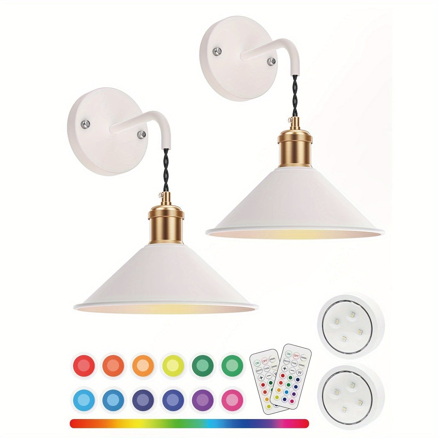 Battery-Operated Two-Light Wall Sconce Set with 13 RGB Scenes, Remote, Timer and Black or White Finish